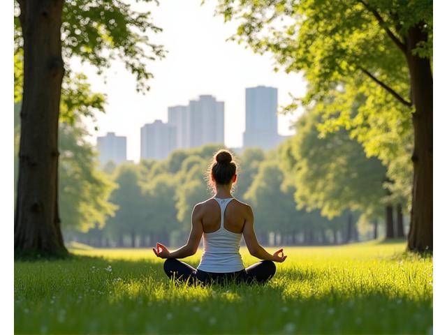 Person practicing yoga in a serene city park, surrounded by trees with urban skyline in soft focus background.