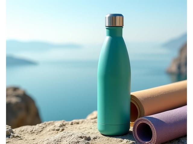 Insulated water bottle next to a yoga mat