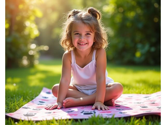 Child on a vibrant, patterned mini yoga mat in a garden
