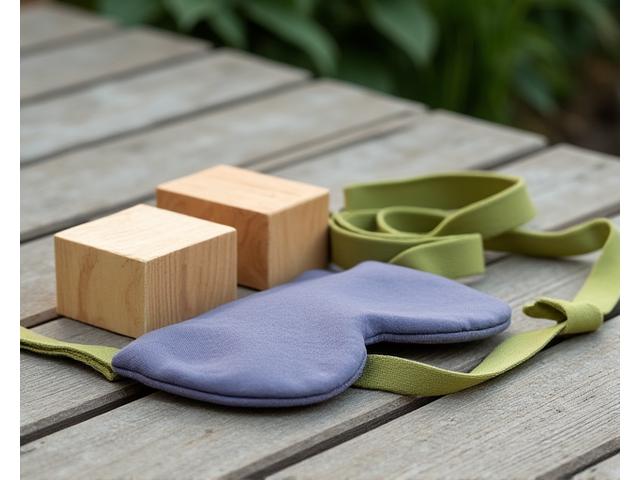 Complete therapeutic yoga props kit including blocks, strap, and eye pillow, arranged for outdoor use.