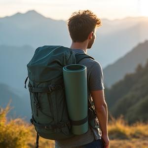 Lightweight, foldable yoga mat rolled small and strapped to a backpack in a mountain setting.