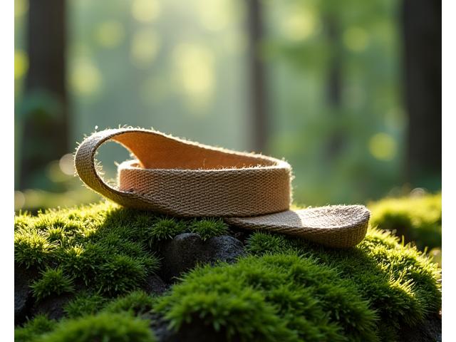 Eco-friendly hemp yoga strap rolled on a mossy rock in a forest